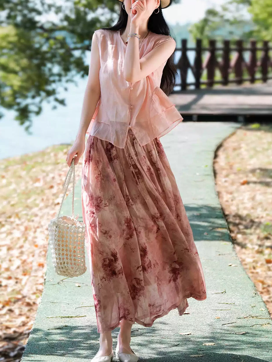 Women Summer Artsy Flower Embroidery 100 Ramie Skirt main image 0