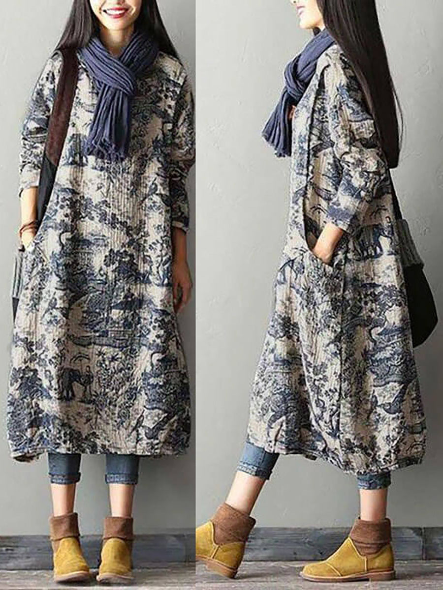 Women's Plus Size Cotton Vintage Casual Loose Toile Print Maxi Dress