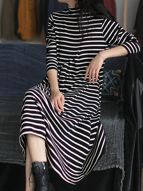 Plus Size Women Autumn Stripe Turtleneck Cotton Dress