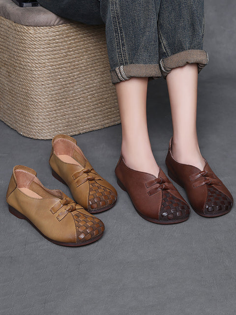 Women Vintage Soft Leather Weave Low Heel Shoes