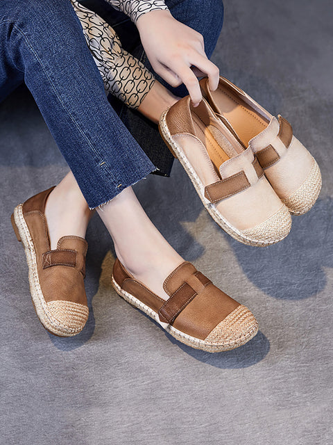 Women Summer Leather Linen Weave Spliced Flat Shoes