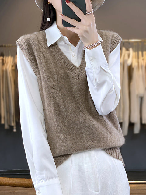 Women Casual Autumn Wool V-Neck Cable Knit Vest