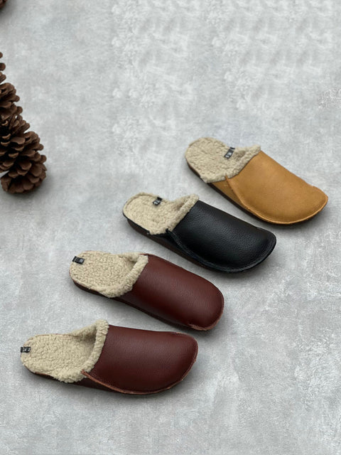 Women Vintage Winter Leather Fleece-lined Flat Slippers