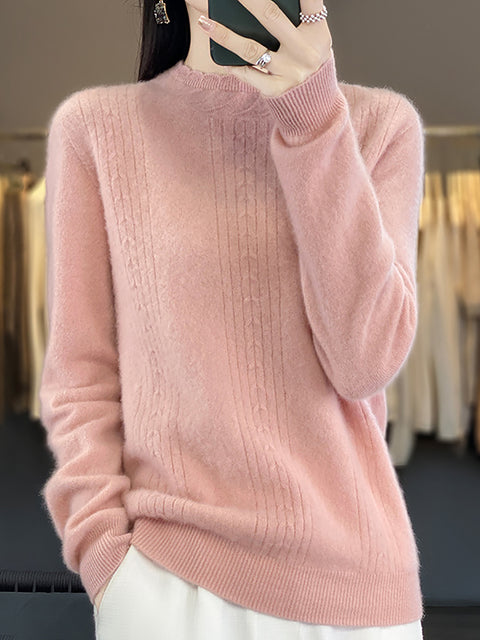 Women Autumn Solid Cable Knit 100%Wool Half Turtleneck Sweater