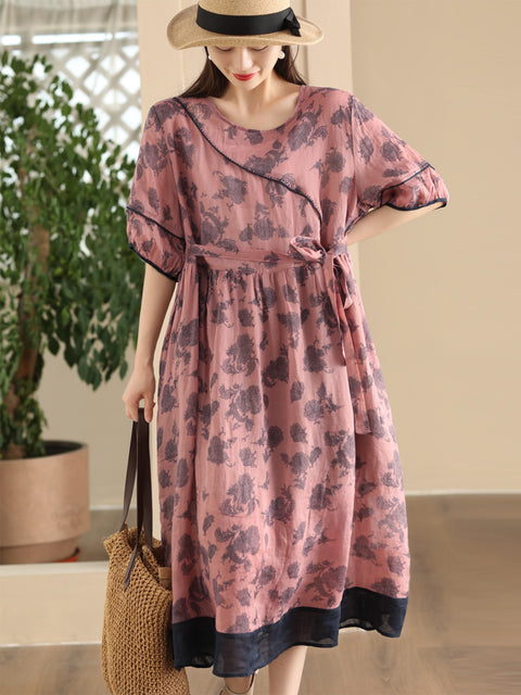 Women Summer Vintage Flower Spliced Strap Ramie Dress