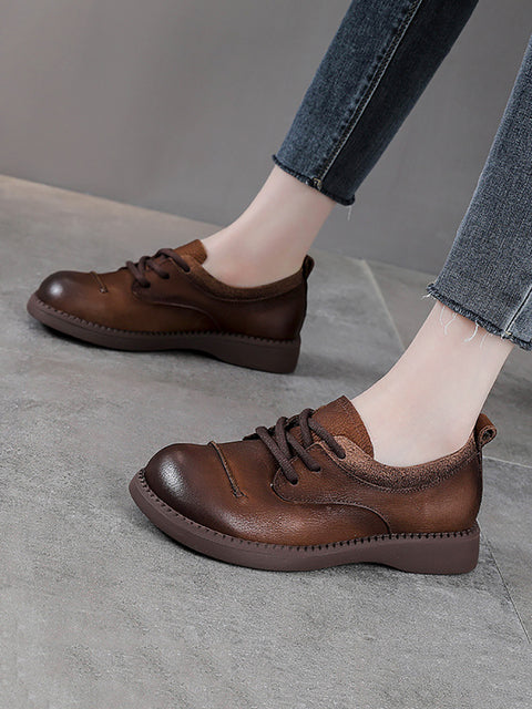 Women Vintage Genuine Leather Spliced Low Heel Shoes