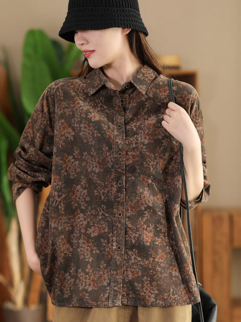 Women Autumn Vintage Flower Croduroy Cotton Shirt