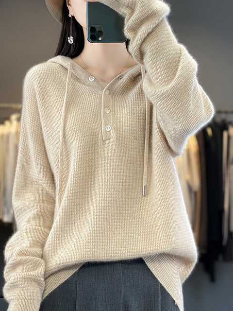 Women Autumn Soft Solid Knit 100%Wool Hooded Sweater