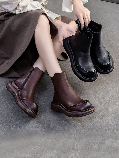 Women Winter Casual Zipper Leather Mid Heel Boots