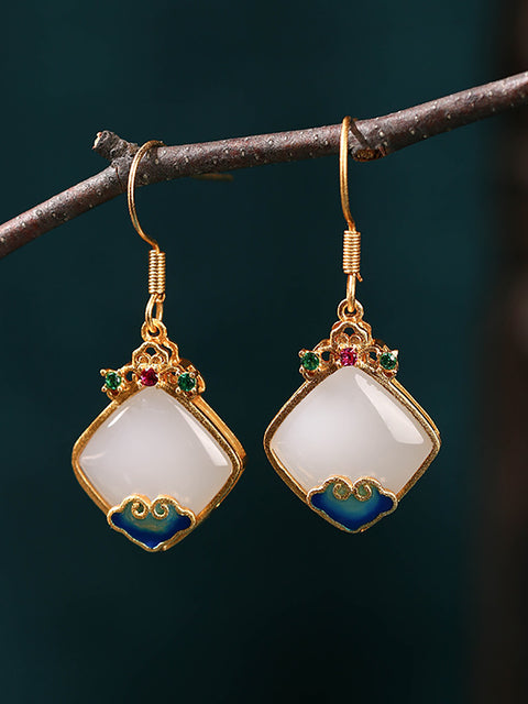 Women Ethnic Jade S925Sliver Enamel Cloud Earrings