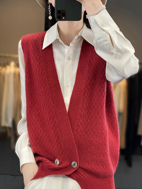 Women Casual Wool Solid V-Neck Irregular Hem Knit Vest