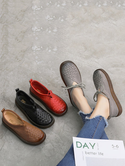 Women Vintage Summer Leather Weave Flat Shoes