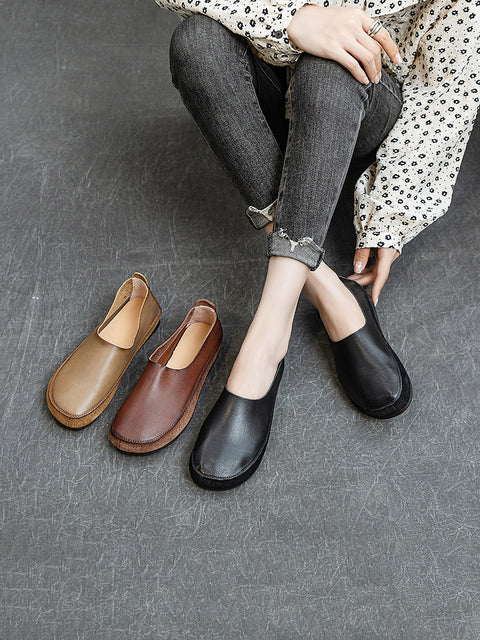 Women Spring Vintage Leather Spliced Flat Shoes