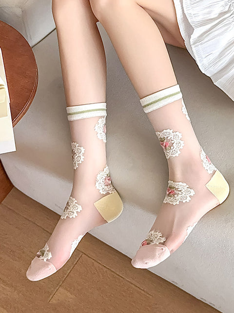 3 Pairs Summer Artsy Flower Jacquard Mid-calf Thin Socks