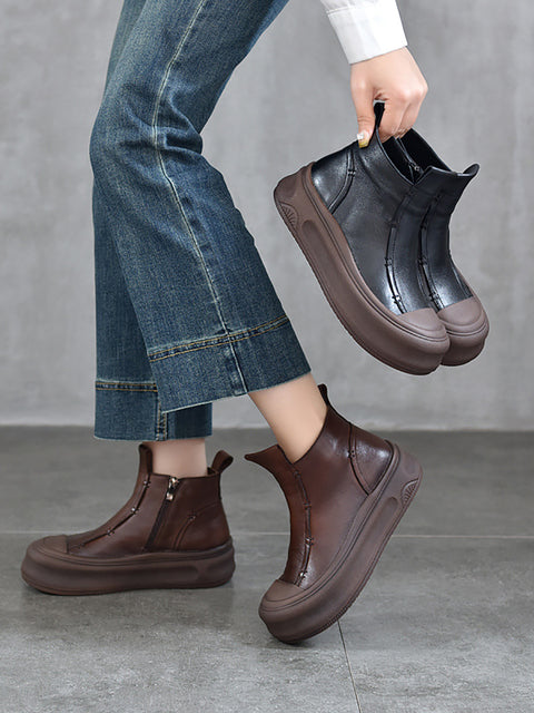 Women Winter Genuine Leather Spliced Mid-heel Boots