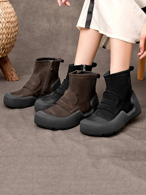 Women Retro Frosted Leather Spliced Zipper Flat Boots