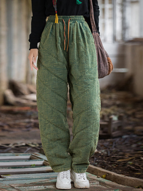 Women Winter Solid Spliced Ramie Padded Harem Pants