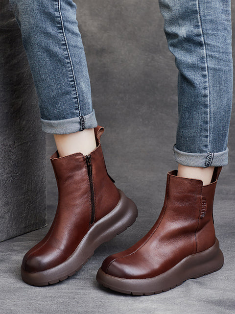 Women Vintage Genuine Leather Zipper Platfrom Boots