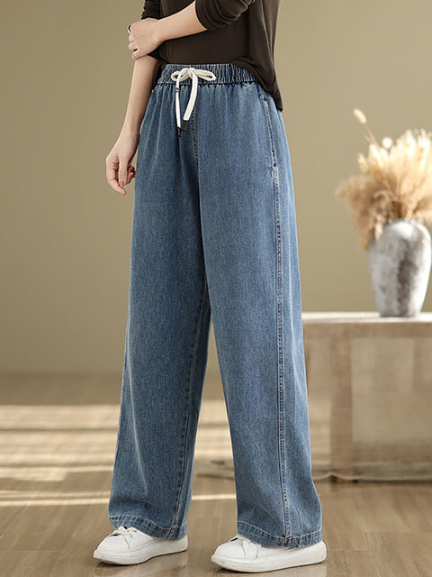 Women Spring Casual Pure Color Denim Straight Pants