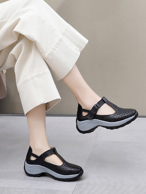 Women Summer Solid Leather Cutout Platform Shoes