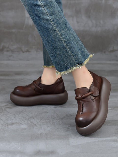 Women Genuine Leather Pure Color Platform Shoes