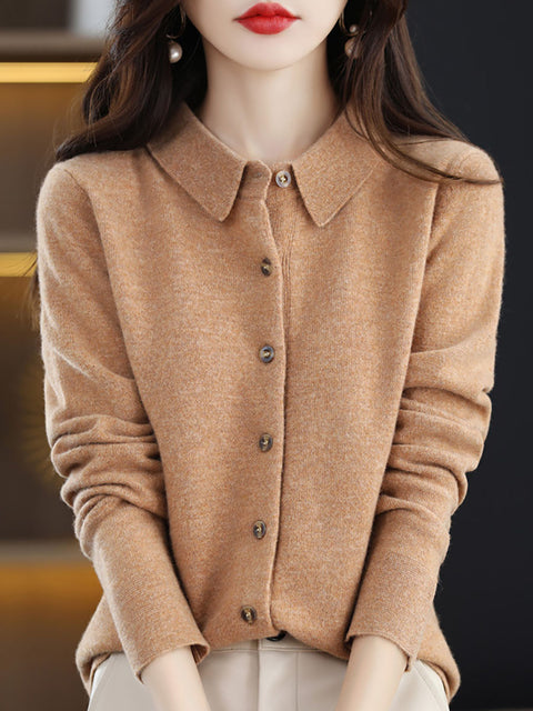 Women Autumn Wool Turn-down Collar Knit Cardigan Sweater