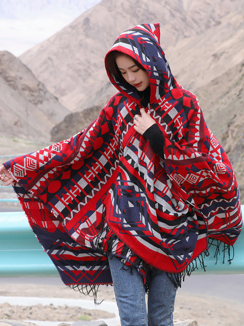 Women Bohemia Warm Rhomboids Tassel Hooded Shawl