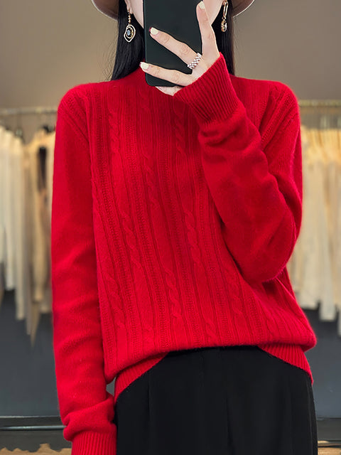 Women Autumn Solid Cable Knit 100%Wool Half Turtleneck Sweater