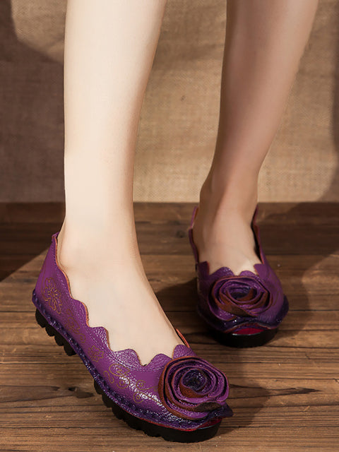 Women Artsy Genuine Leather Rose Wavy Edge Shoes