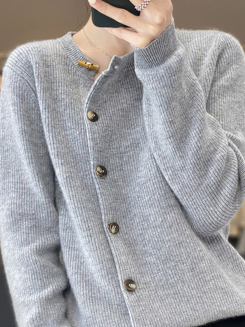 Women Autumn Solid Knit Wool Buttoned O-Neck Sweater