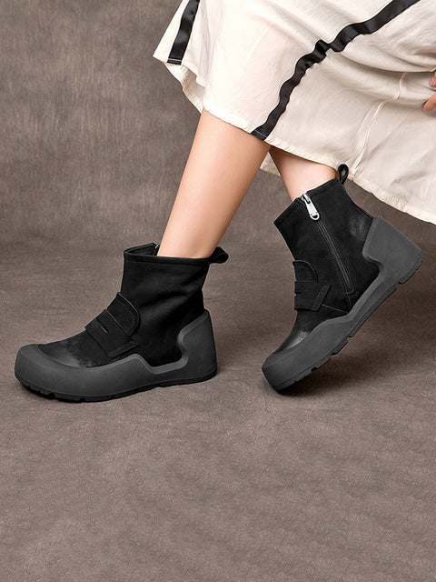 Women Retro Frosted Leather Spliced Zipper Flat Boots