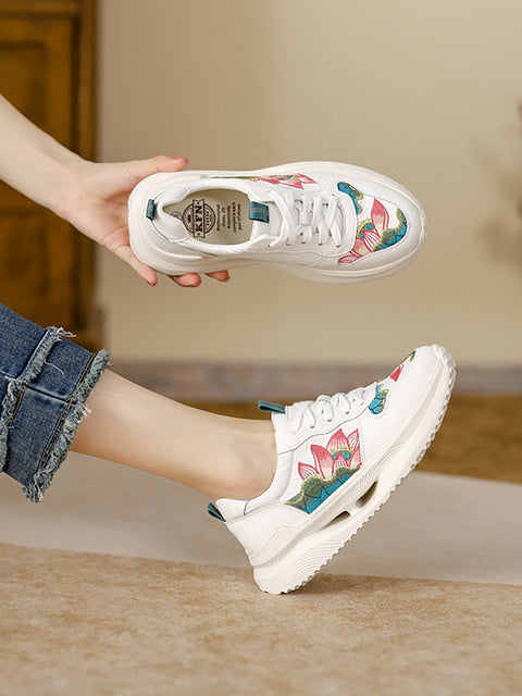 Women Fashion Lotus Embroidery Genuine Leather Sport Shoes