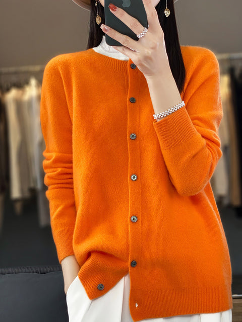 Women Autumn Wool O-Neck Cardigan Knit Sweater