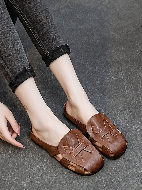 Women Vintage Genuine Leather Hollow Out Soft Slippers