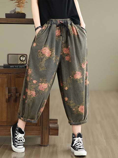 Women Summer Retro Flower  Denim Loose Pants