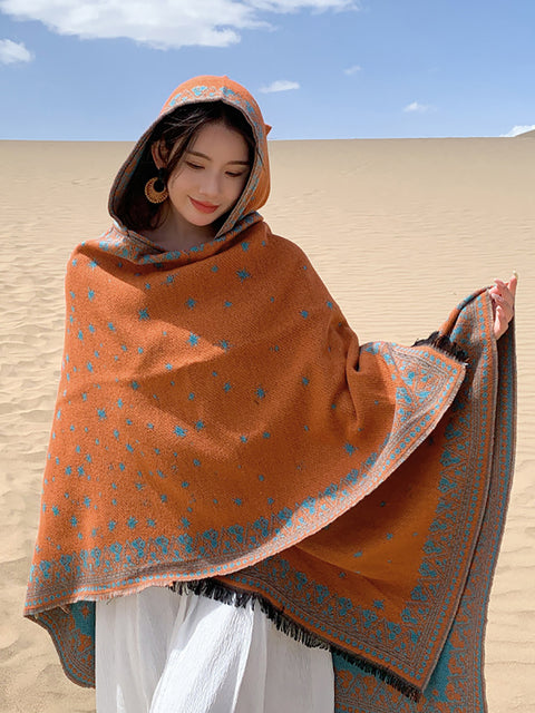 Women Ethnic Star Print Hooded Scarf Shawl