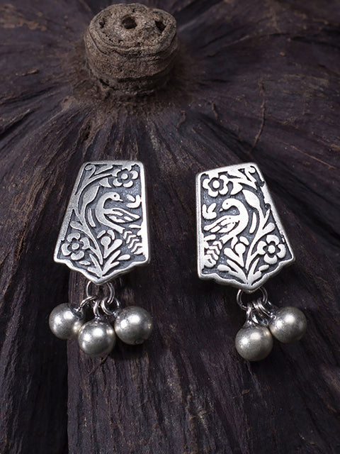 Women Vintage Sliver Carve Bead Pendant Earrings