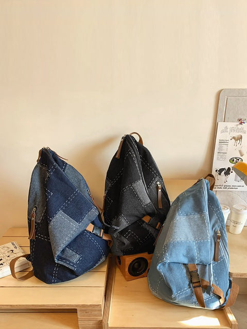 Casual Patch Spliced Denim Backpack