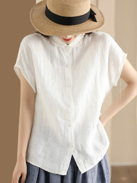 Plus Size Women Vintage Solid 100%Cotton Button-up Shirt