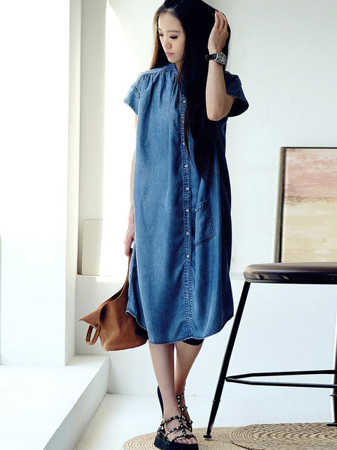 Plus Size Women Summer Casual Solid Blue Denim Dress