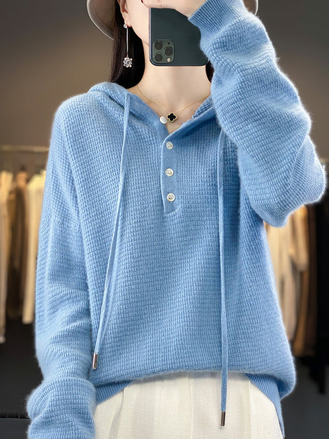 Women Autumn Soft Solid Knit 100%Wool Hooded Sweater