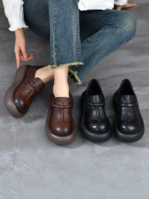 Women Genuine Leather Pure Color Platform Shoes