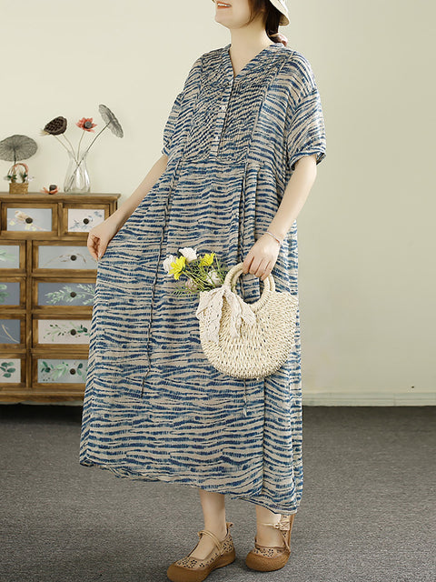 Women Summer Vintage Shirred V-Neck Ramie Loose Dress