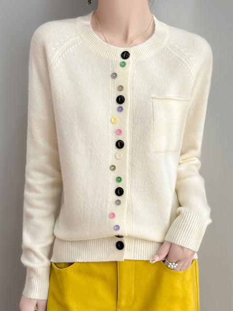 Women Autumn O-Neck Colorful Button Knit Sweater