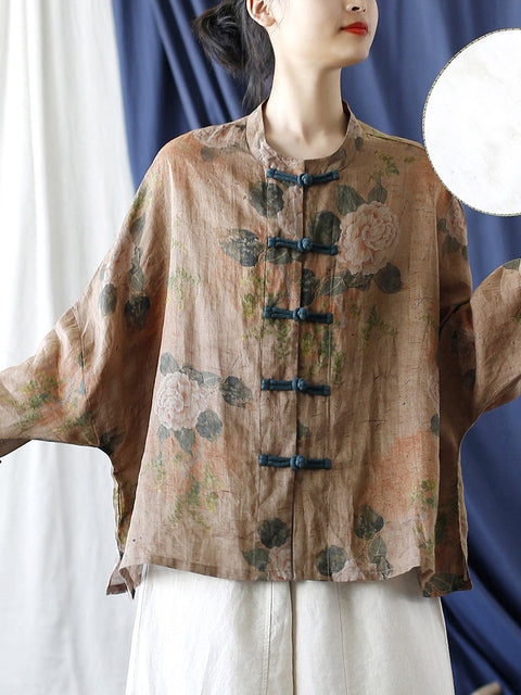 Women National Style Flower Button Loose Ramie Shirt