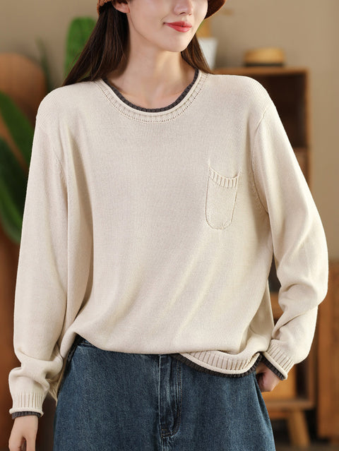 Women Autumn Casual Colorblock O-Neck Cotton Knit Blouse