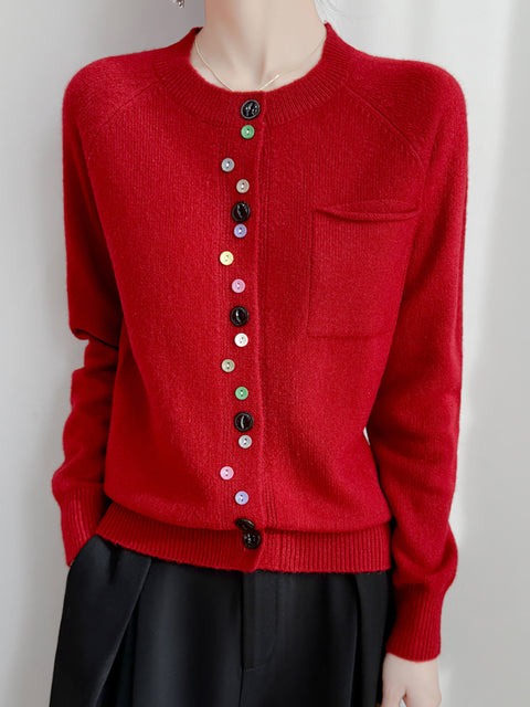 Women Autumn O-Neck Colorful Button Knit Sweater