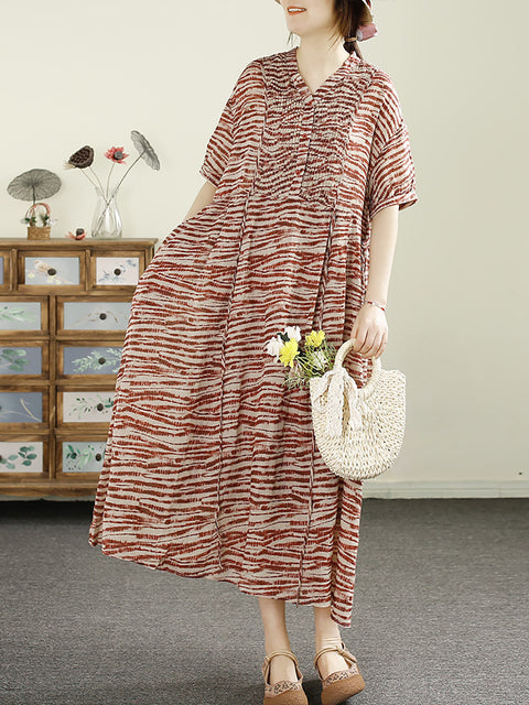 Women Summer Vintage Shirred V-Neck Ramie Loose Dress