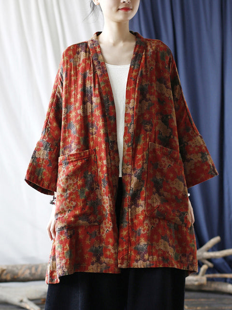 Women Ethnic Floral V-neck Pocket Cardigan Coat