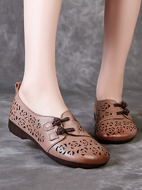 Women Vintage Leather Hollow Out Low Heel Shoes